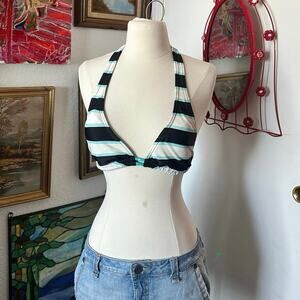 hula honey blue black white striped halter bikini top